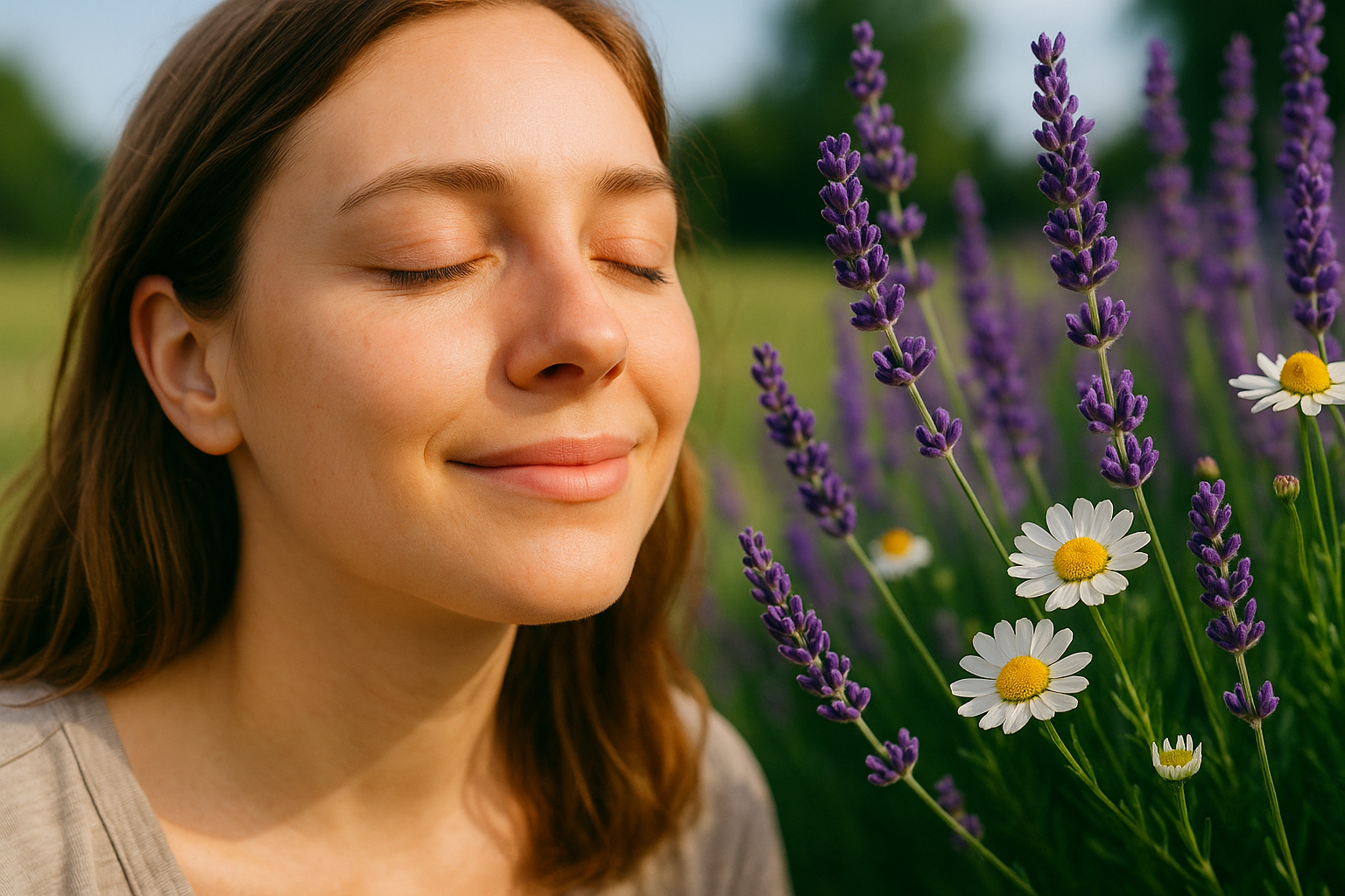 Allergy_blog_post_2 Woman standing peacefully in a field of lavender and daisies with eyes closed, enjoying natural allergy relief in the spring sunshine.